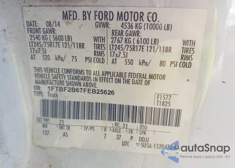 2015 Ford F-250 Xl from USA, damaged, VIN 1FTBF2B67FEB25626